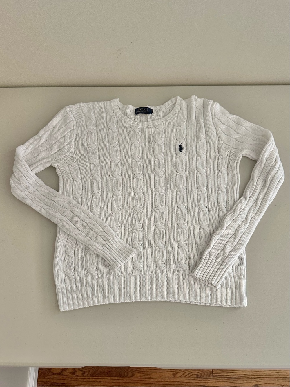 Polo Ralph Lauren White Cable Knit Cotton Crewneck Sweater Medium Preppy Classic - Picture 2 of 8